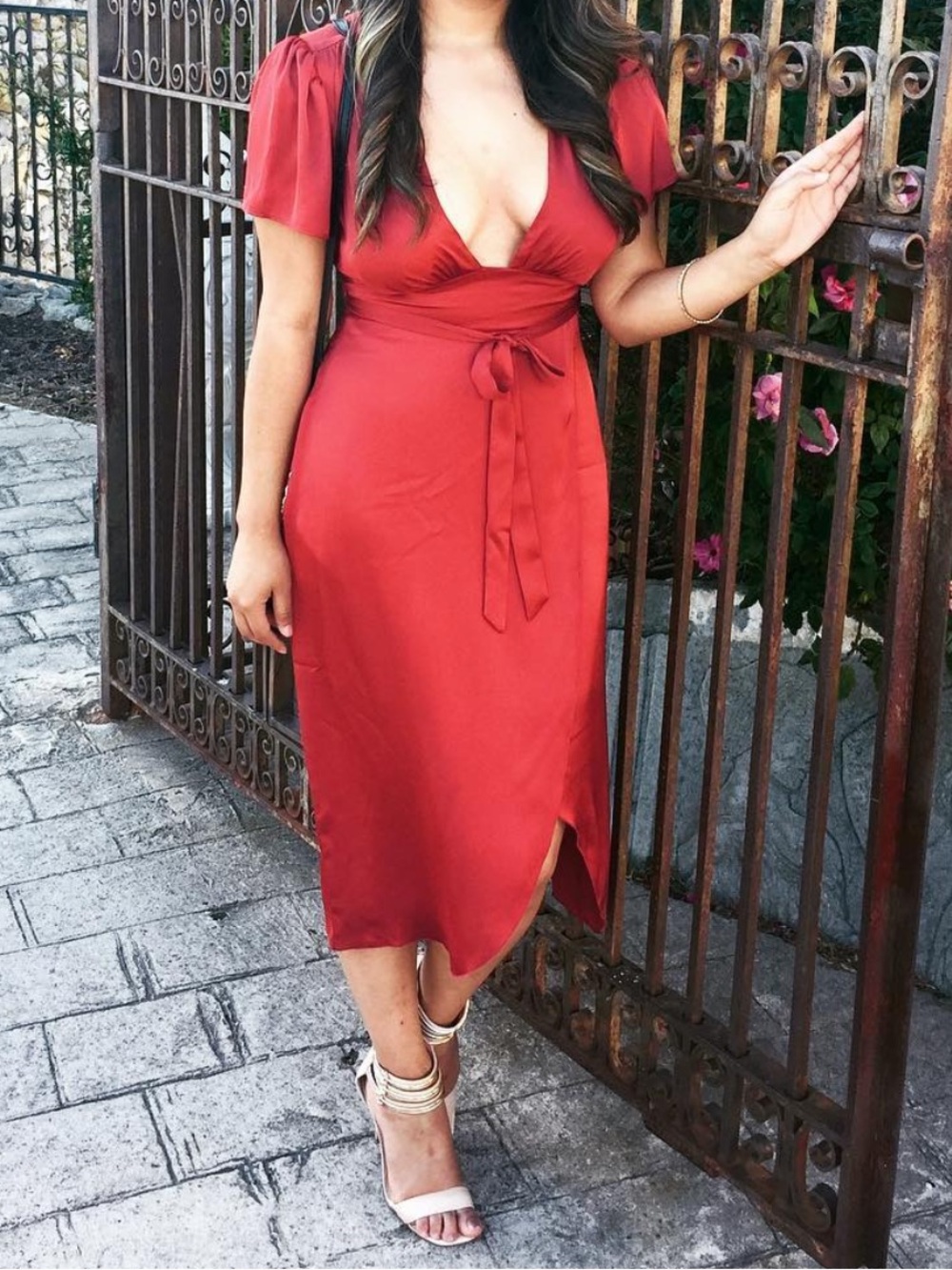 Express Red Satin V-Neck Midi Dress with Flutter Sleeves